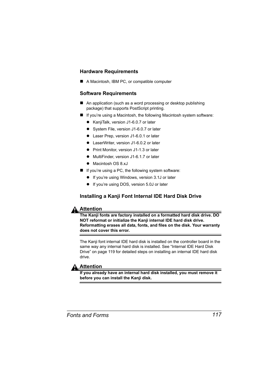 Hardware requirements, Software requirements, Fonts and forms 117 | Konica Minolta PAGEPRO 9100 User Manual | Page 123 / 178