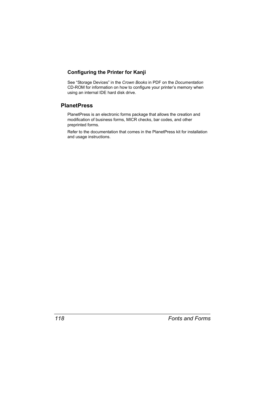 Configuring the printer for kanji, Planetpress, Planetpress 118 | Fonts and forms 118 | Konica Minolta PAGEPRO 9100 User Manual | Page 124 / 178