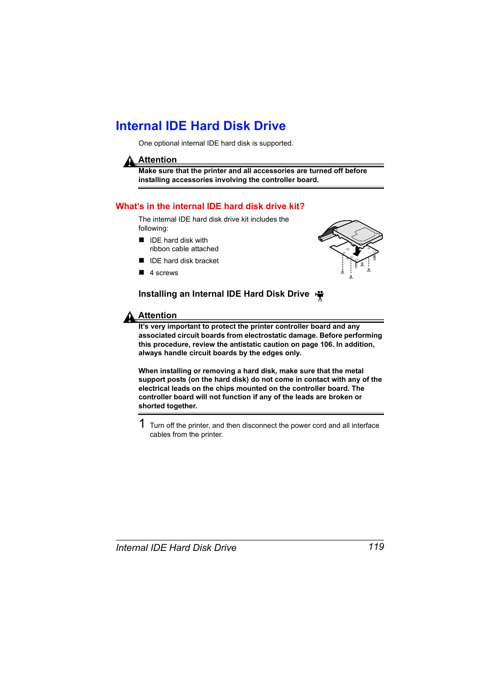 Internal ide hard disk drive, What's in the internal ide hard disk drive kit, Installing an internal ide hard disk drive | Internal ide hard disk drive 119 | Konica Minolta PAGEPRO 9100 User Manual | Page 125 / 178