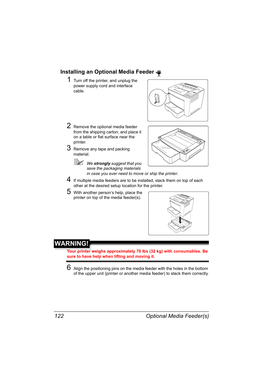 Installing an optional media feeder, 3 remove any tape and packing material, Installing an optional media feeder 122 | Warning | Konica Minolta PAGEPRO 9100 User Manual | Page 128 / 178