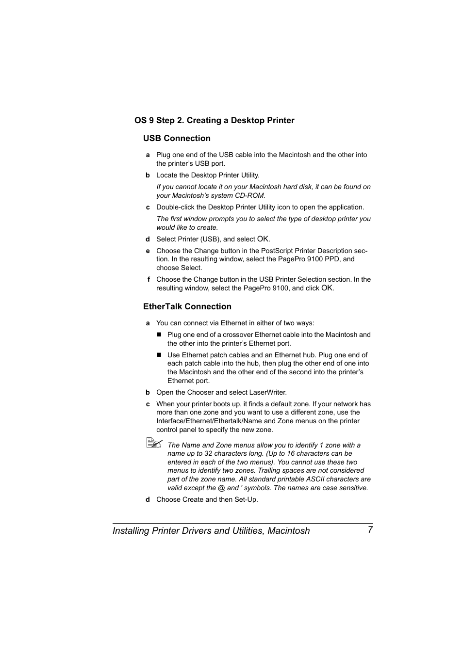Os 9 step 2. creating a desktop printer, Usb connection, Ethertalk connection | Konica Minolta PAGEPRO 9100 User Manual | Page 13 / 178