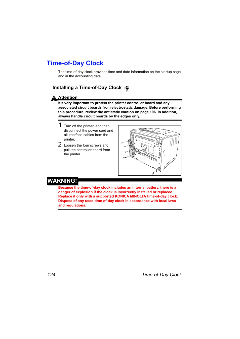 Time-of-day clock, Installing a time-of-day clock, Time-of-day clock 124 | Installing a time-of-day clock 124, Warning | Konica Minolta PAGEPRO 9100 User Manual | Page 130 / 178