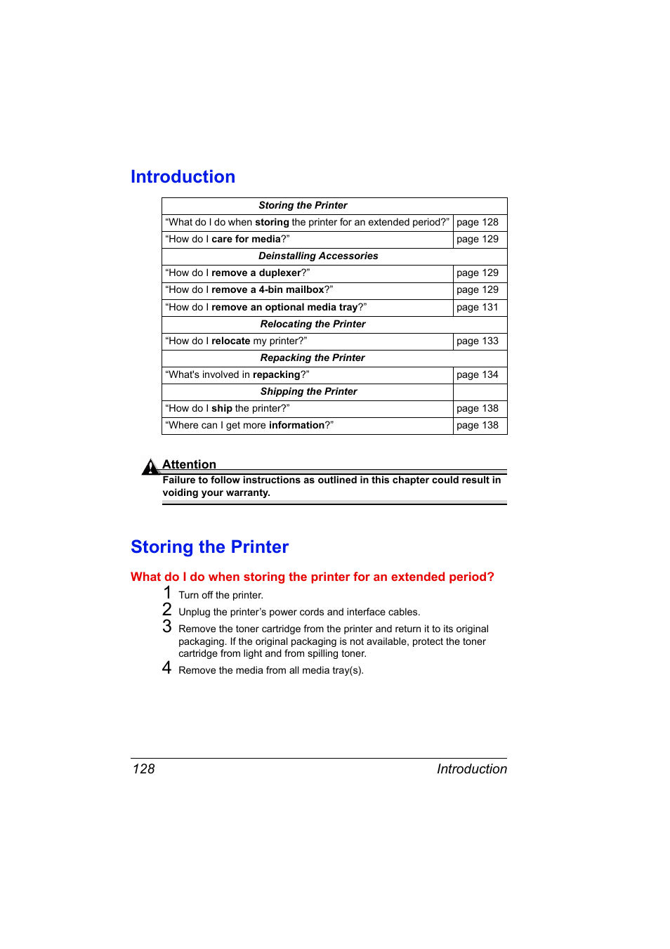 Introduction, Storing the printer, Introduction 128 storing the printer 128 | Konica Minolta PAGEPRO 9100 User Manual | Page 134 / 178