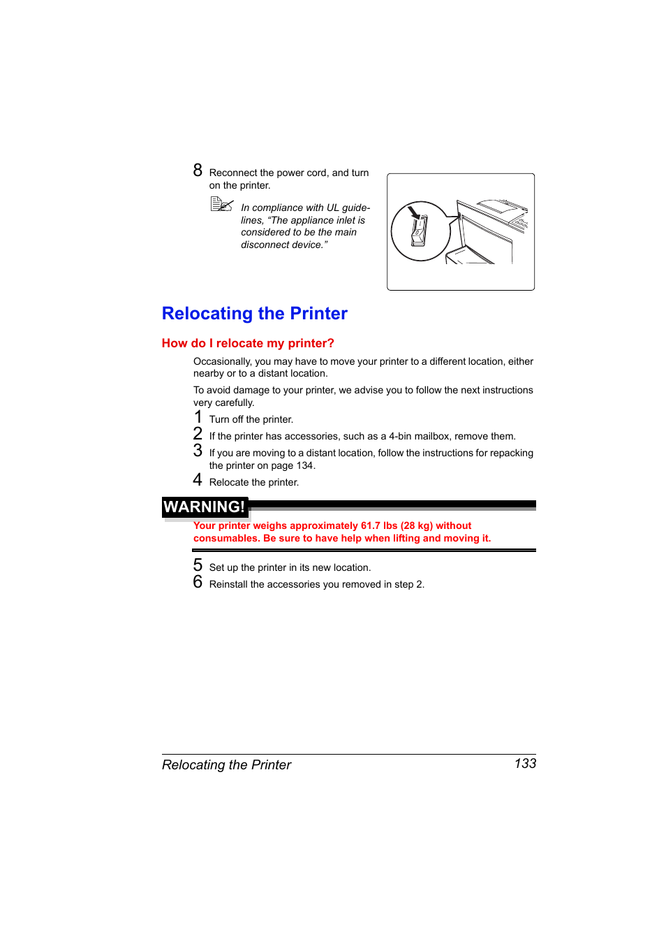 Relocating the printer, Relocating the printer 133, Warning | Konica Minolta PAGEPRO 9100 User Manual | Page 139 / 178