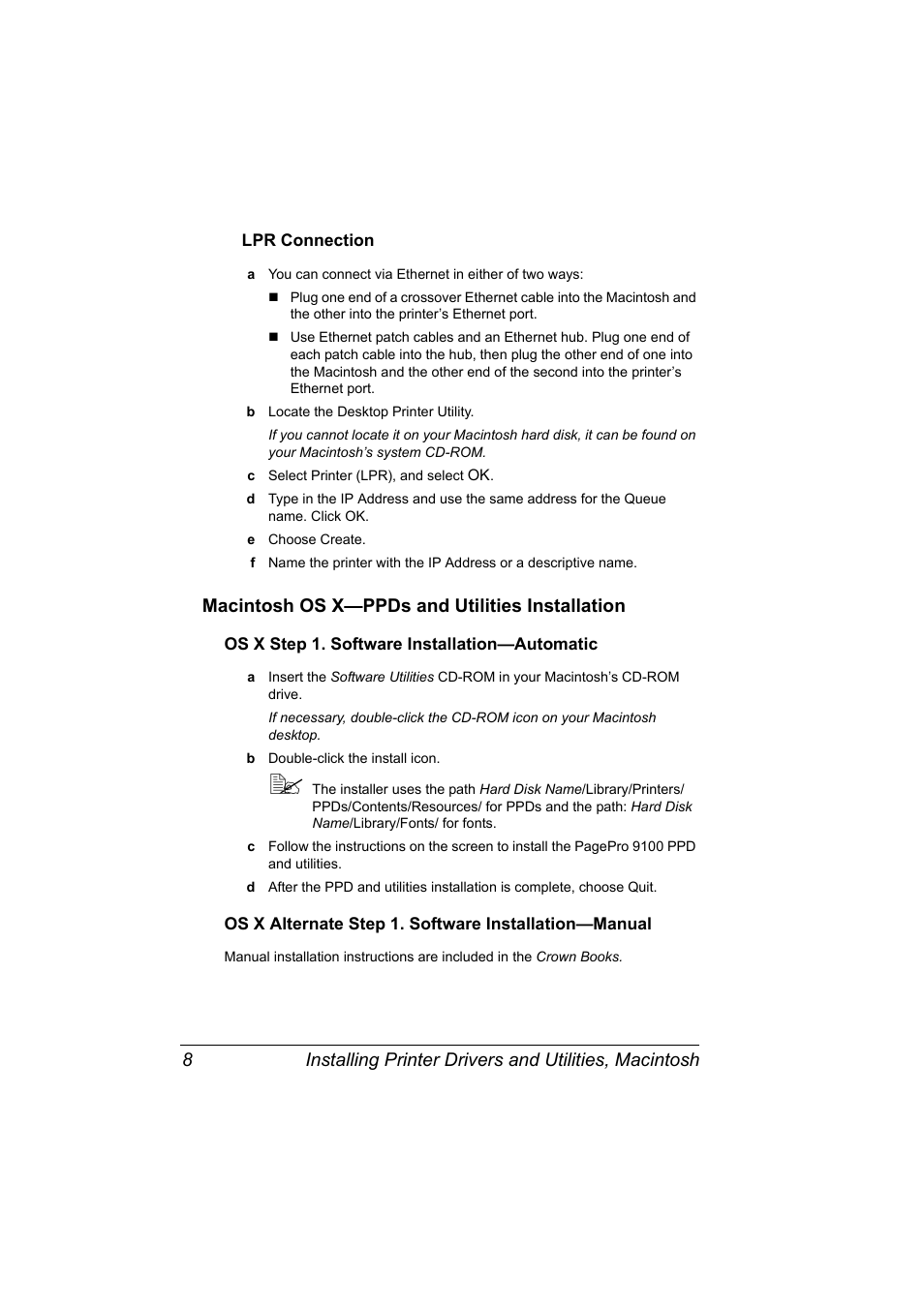 Lpr connection, Macintosh os x-ppds and utilities installation, Os x step 1. software installation-automatic | Macintosh os x—ppds and utilities installation 8, Macintosh os x—ppds and utilities installation | Konica Minolta PAGEPRO 9100 User Manual | Page 14 / 178