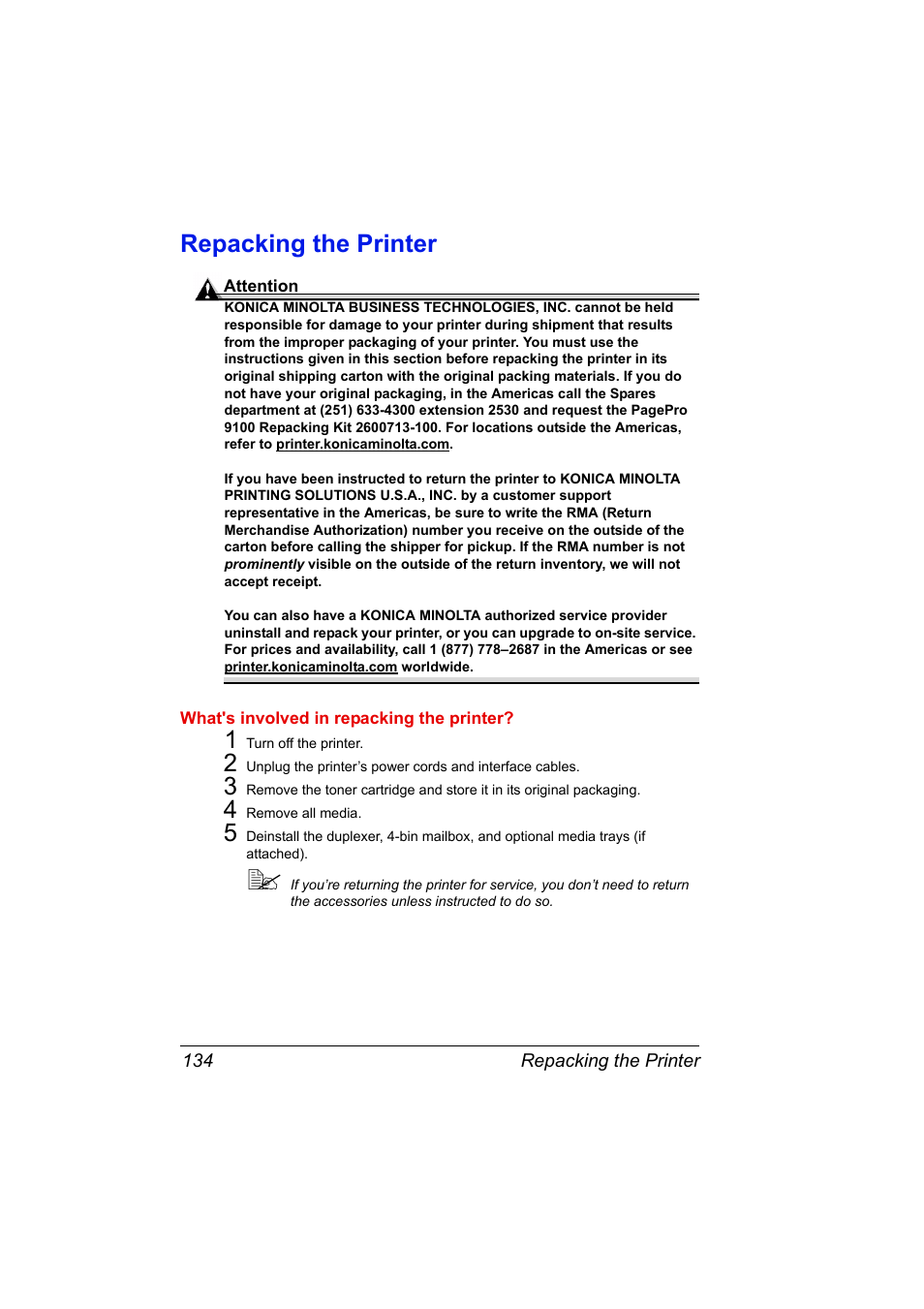 Repacking the printer, Repacking the printer 134 | Konica Minolta PAGEPRO 9100 User Manual | Page 140 / 178