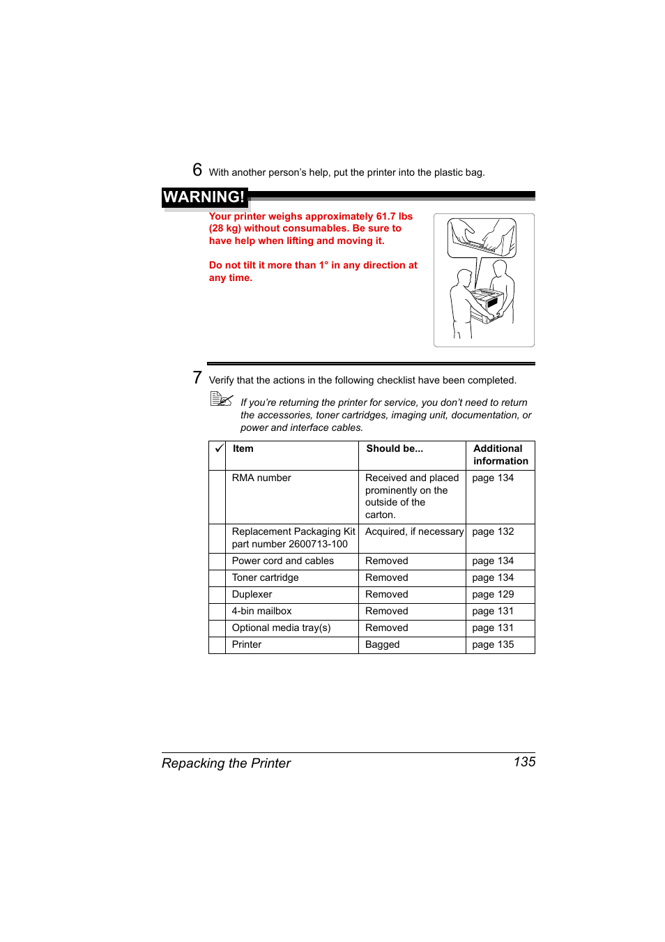 Warning, Repacking the printer 135 | Konica Minolta PAGEPRO 9100 User Manual | Page 141 / 178