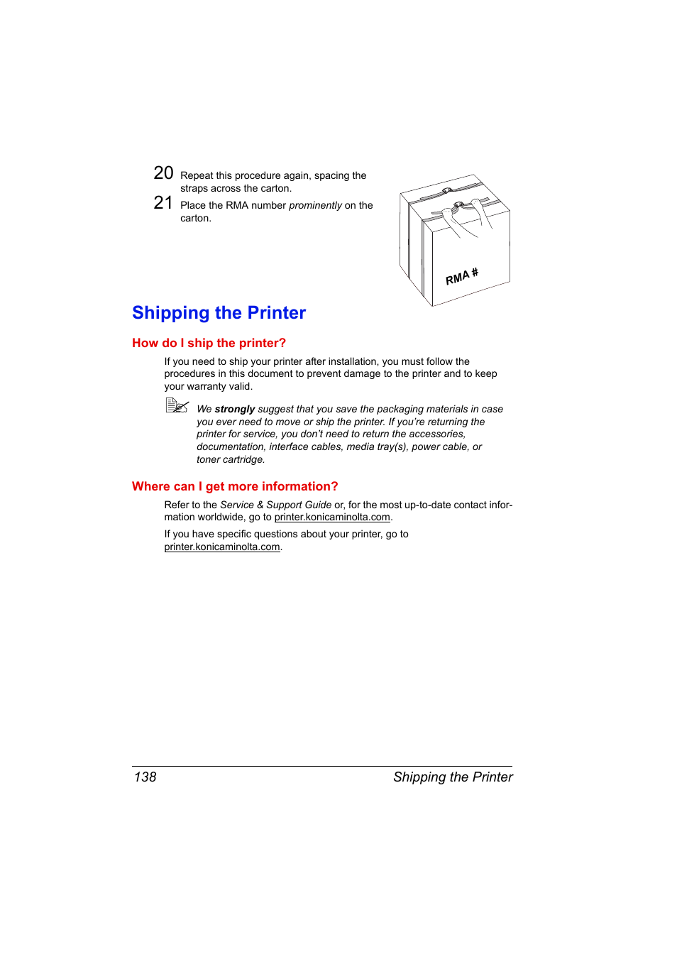 Shipping the printer, Shipping the printer 138 | Konica Minolta PAGEPRO 9100 User Manual | Page 144 / 178