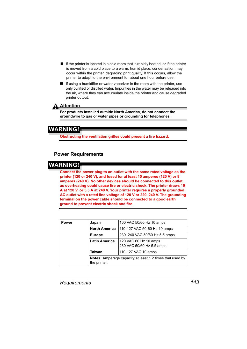 Power requirements, Power requirements 143, Warning | Requirements 143 | Konica Minolta PAGEPRO 9100 User Manual | Page 149 / 178