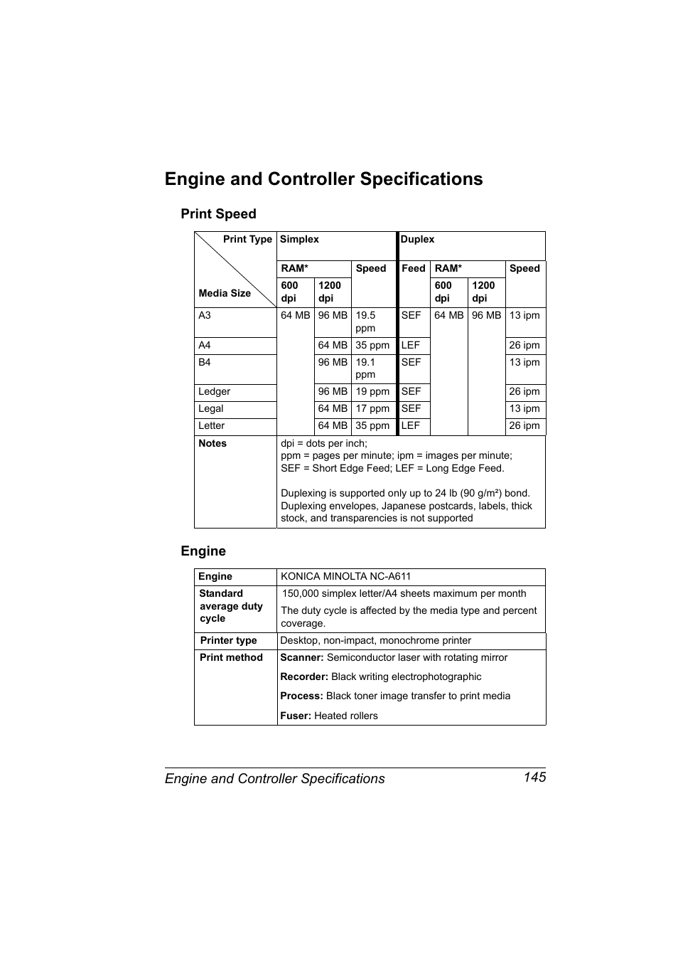 Engine and controller specifications, Print speed, Engine | Engine and controller specifications 145, Print speed 145 engine 145, Print speed engine | Konica Minolta PAGEPRO 9100 User Manual | Page 151 / 178