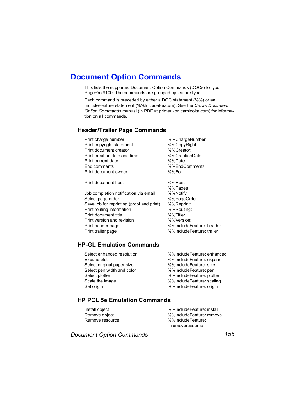 Document option commands, Hp-gl emulation commands, Hp pcl 5e emulation commands | Document option commands 155, Header/trailer page commands | Konica Minolta PAGEPRO 9100 User Manual | Page 161 / 178