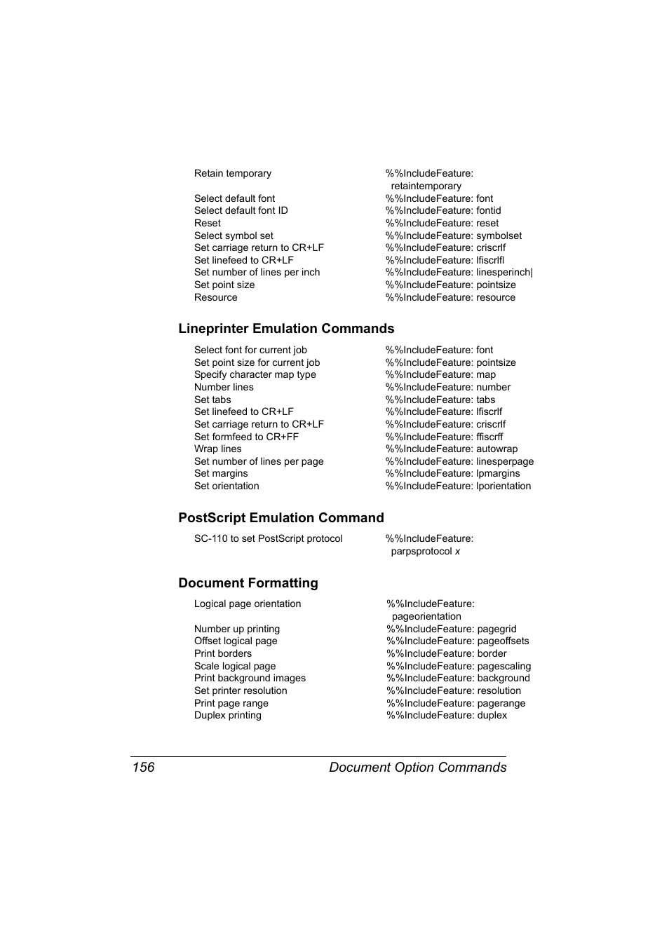 Lineprinter emulation commands, Postscript emulation command, Document formatting | Document option commands 156 | Konica Minolta PAGEPRO 9100 User Manual | Page 162 / 178