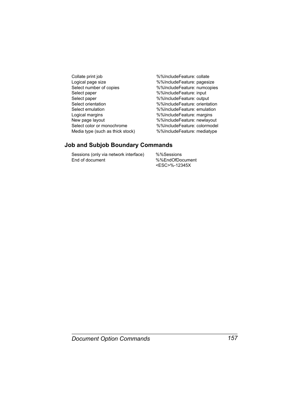 Job and subjob boundary commands, Job and subjob boundary commands 157 157, Document option commands 157 | Konica Minolta PAGEPRO 9100 User Manual | Page 163 / 178