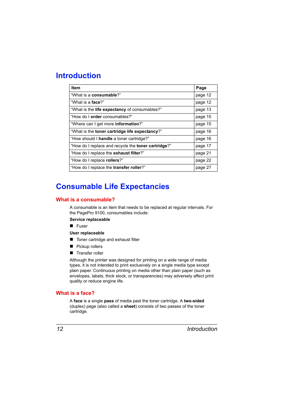 Introduction, Consumable life expectancies, What is a consumable | What is a face, Introduction 12 consumable life expectancies 12, Introduction consumable life expectancies, Introduction 12 | Konica Minolta PAGEPRO 9100 User Manual | Page 18 / 178