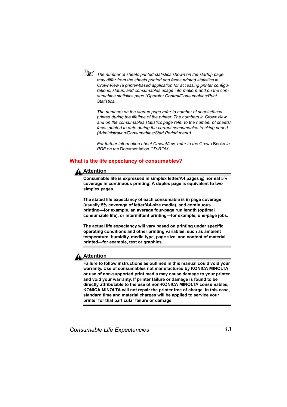 What is the life expectancy of consumables, Consumable life expectancies 13 | Konica Minolta PAGEPRO 9100 User Manual | Page 19 / 178