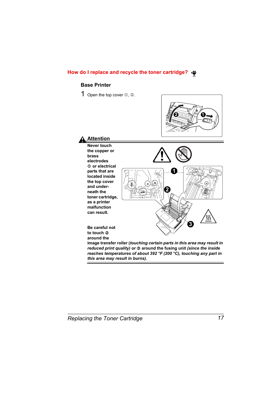 How do i replace and recycle the toner cartridge, Base printer, 1 open the top cover е, з | Konica Minolta PAGEPRO 9100 User Manual | Page 23 / 178