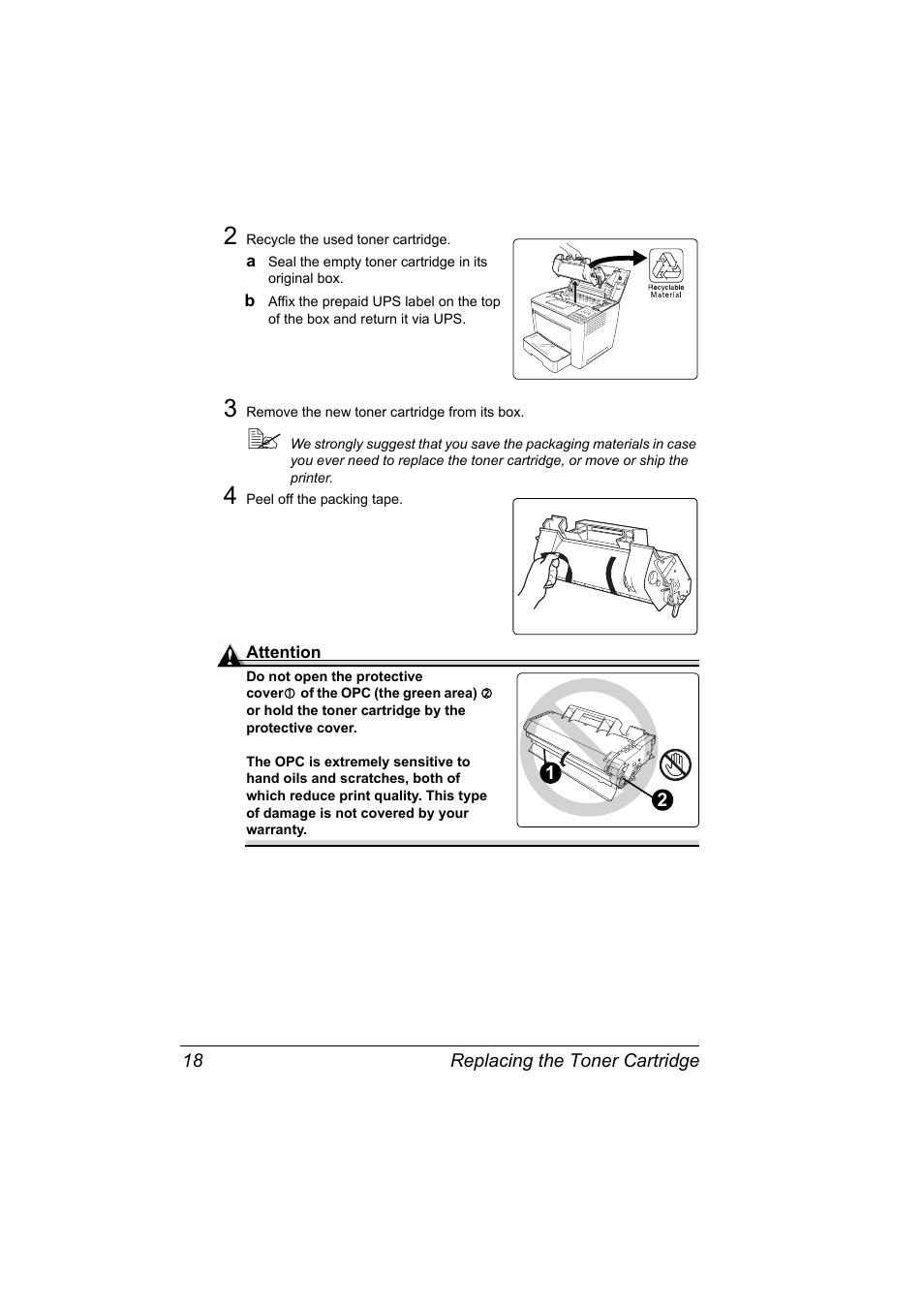 2 recycle the used toner cartridge, 3 remove the new toner cartridge from its box, 4 peel off the packing tape | Konica Minolta PAGEPRO 9100 User Manual | Page 24 / 178