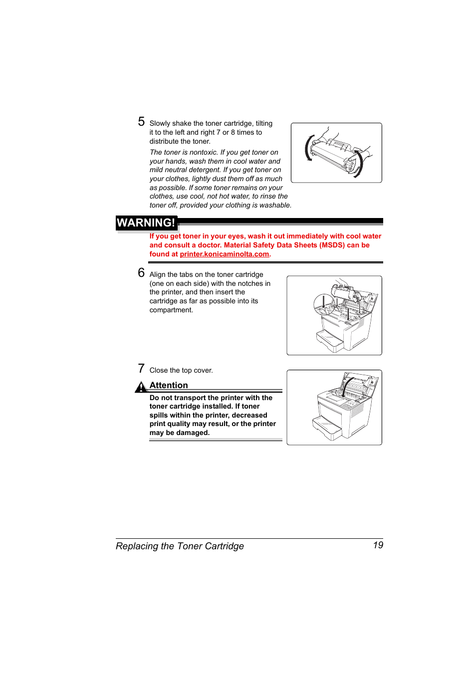 7 close the top cover, Warning | Konica Minolta PAGEPRO 9100 User Manual | Page 25 / 178