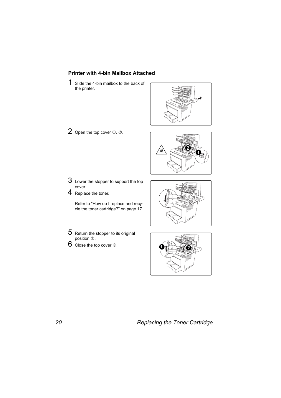 Printer with 4-bin mailbox attached, 2 open the top cover е, з, 3 lower the stopper to support the top cover | 5 return the stopper to its original position å, 6 close the top cover ç | Konica Minolta PAGEPRO 9100 User Manual | Page 26 / 178