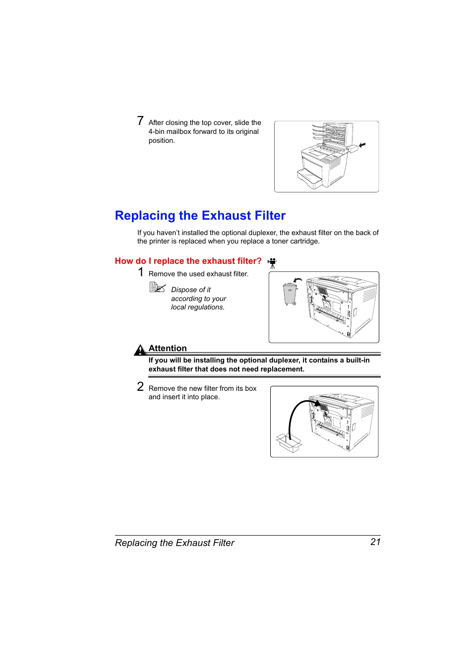 Replacing the exhaust filter, How do i replace the exhaust filter, 1 remove the used exhaust filter | Replacing the exhaust filter 21 | Konica Minolta PAGEPRO 9100 User Manual | Page 27 / 178