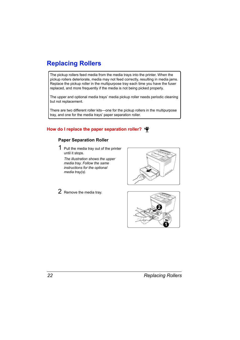 Replacing rollers, How do i replace the paper separation roller, Paper separation roller | 2 remove the media tray, Replacing rollers 22 | Konica Minolta PAGEPRO 9100 User Manual | Page 28 / 178