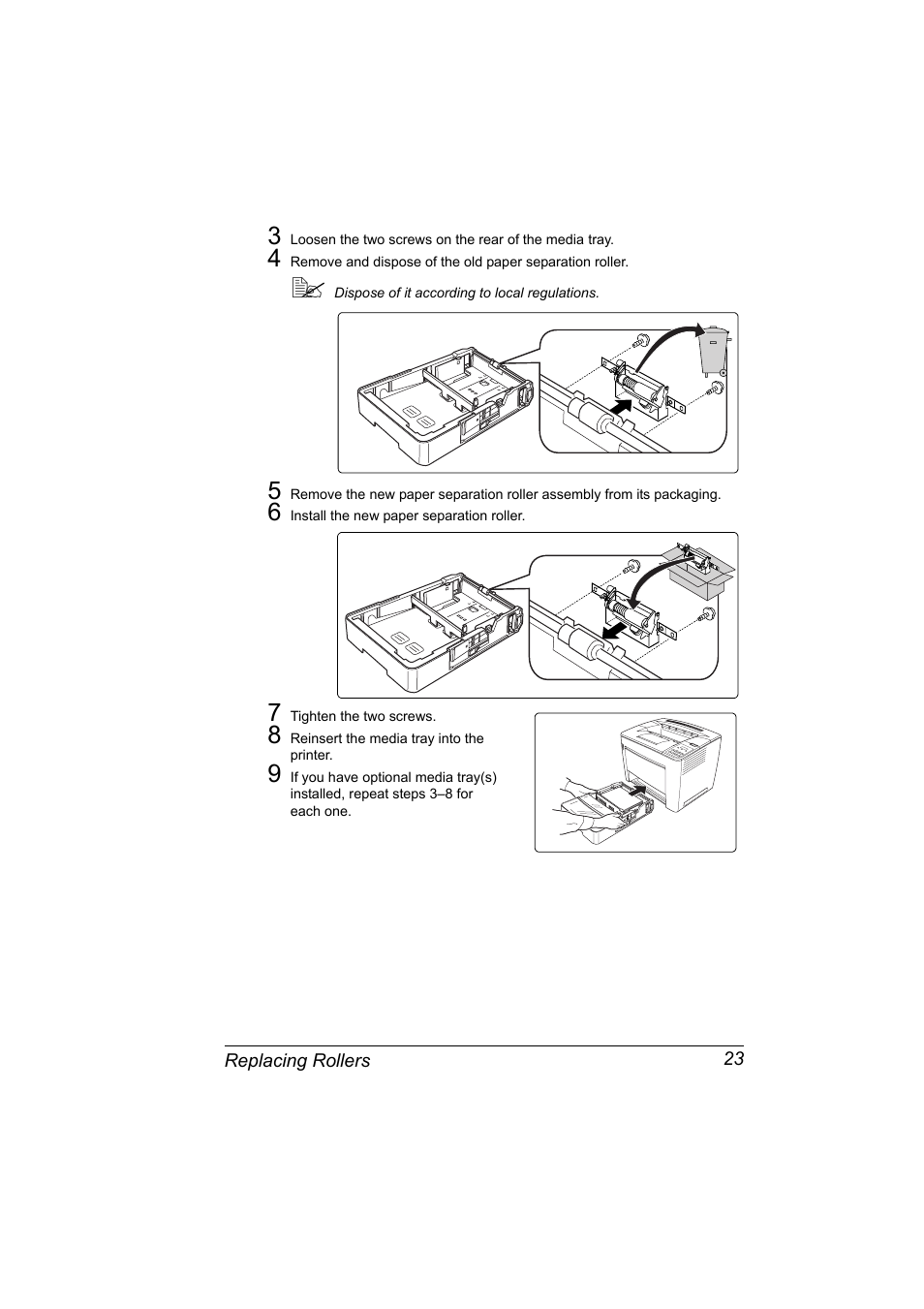 6 install the new paper separation roller, 7 tighten the two screws, 8 reinsert the media tray into the printer | Konica Minolta PAGEPRO 9100 User Manual | Page 29 / 178