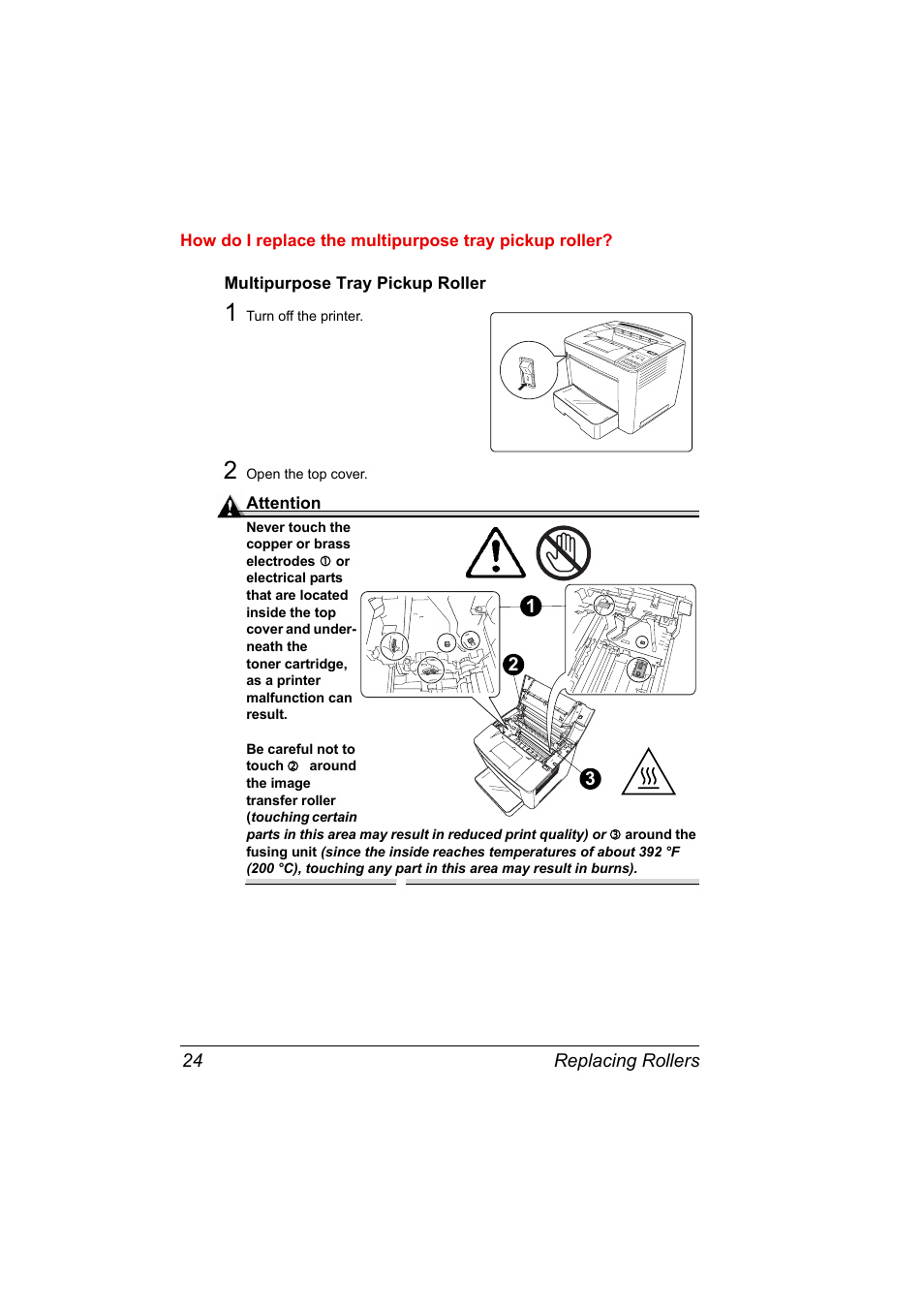 Multipurpose tray pickup roller, 1 turn off the printer, 2 open the top cover | Konica Minolta PAGEPRO 9100 User Manual | Page 30 / 178