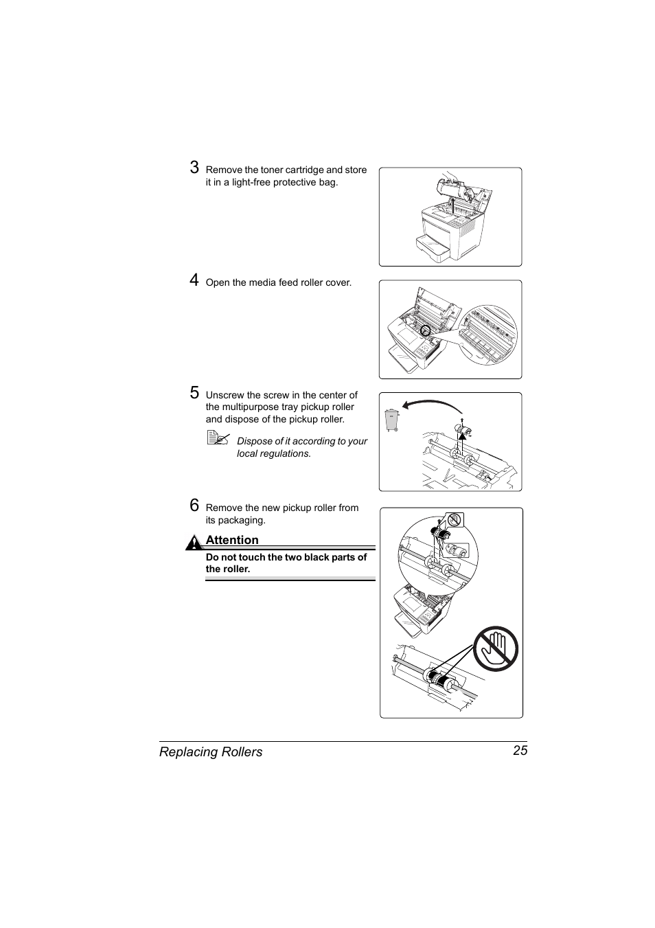 4 open the media feed roller cover, 6 remove the new pickup roller from its packaging | Konica Minolta PAGEPRO 9100 User Manual | Page 31 / 178