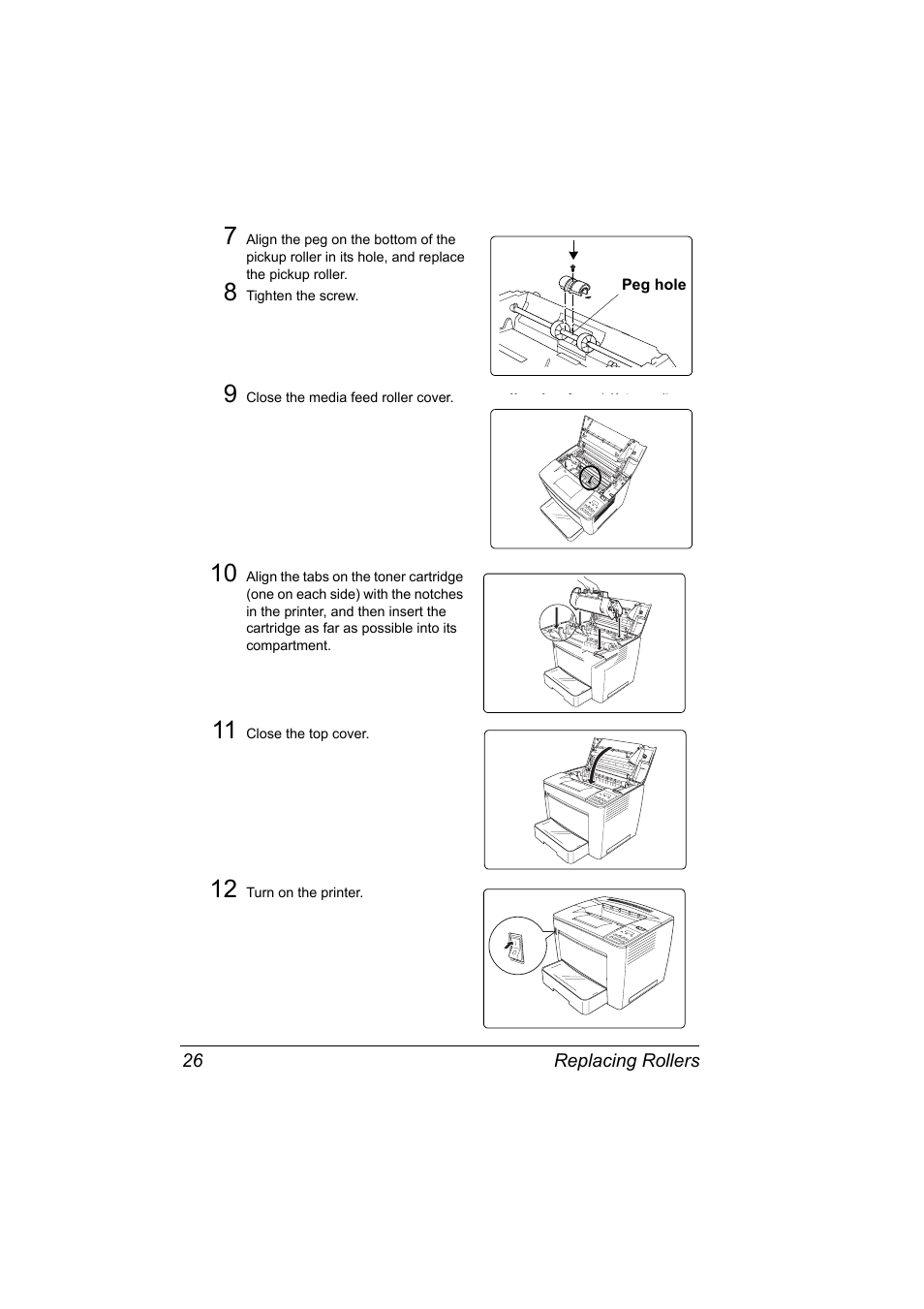 8 tighten the screw, 9 close the media feed roller cover, 11 close the top cover | 12 turn on the printer | Konica Minolta PAGEPRO 9100 User Manual | Page 32 / 178