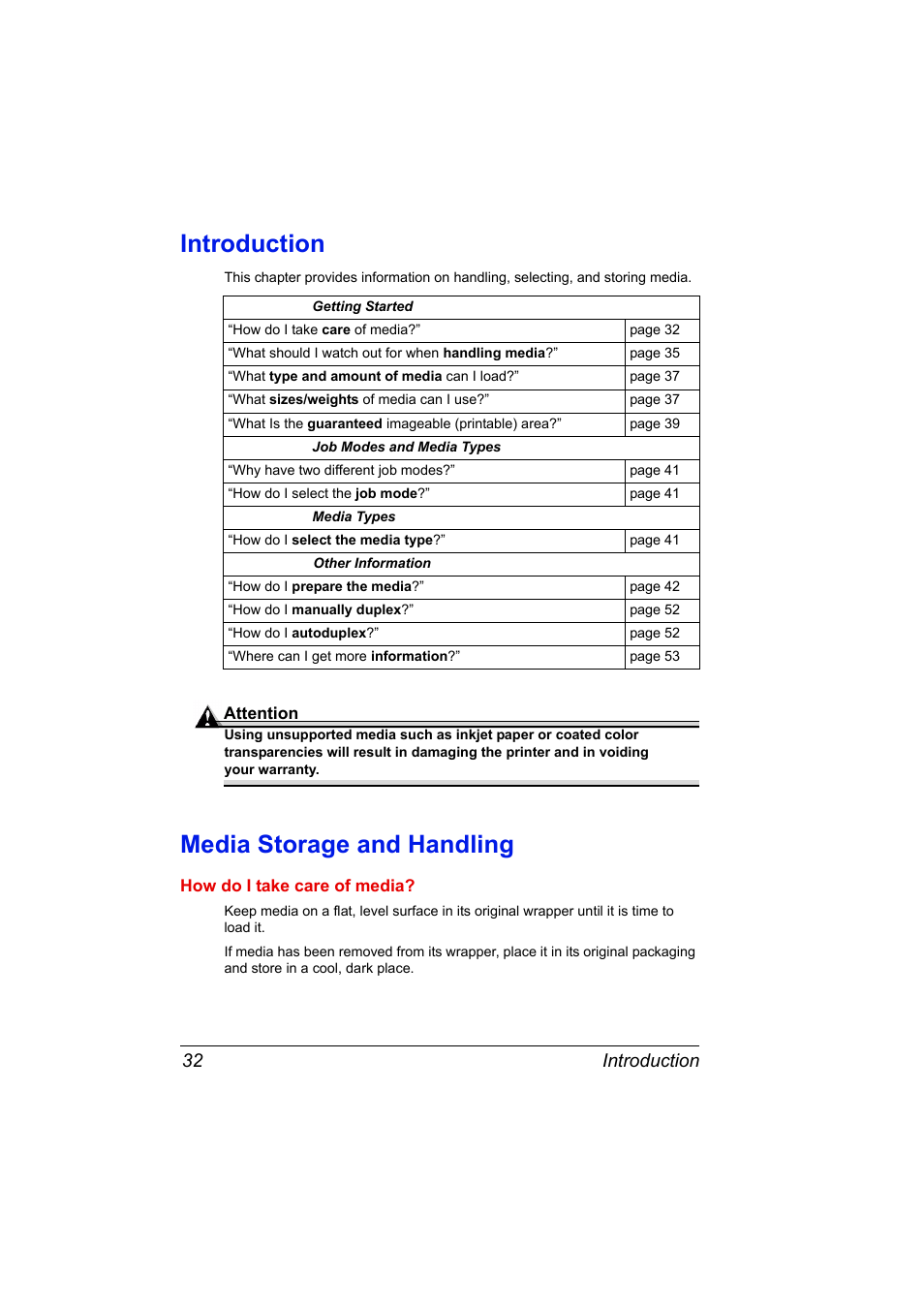 Introduction, Media storage and handling, How do i take care of media | Introduction 32 media storage and handling 32, Introduction 32 | Konica Minolta PAGEPRO 9100 User Manual | Page 38 / 178