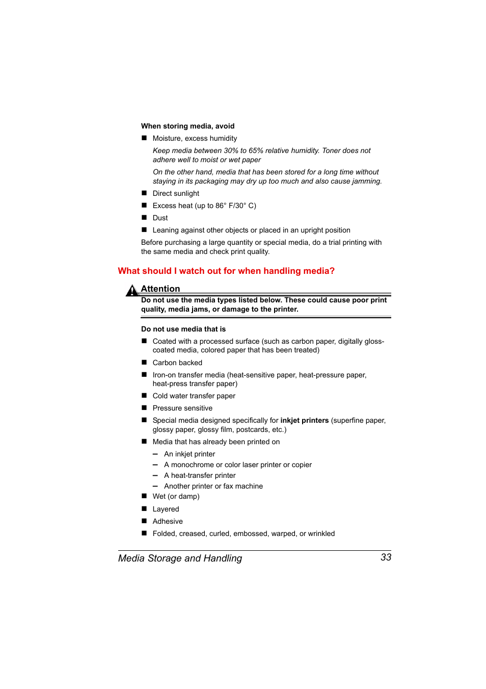 What should i watch out for when handling media, Media storage and handling 33 | Konica Minolta PAGEPRO 9100 User Manual | Page 39 / 178