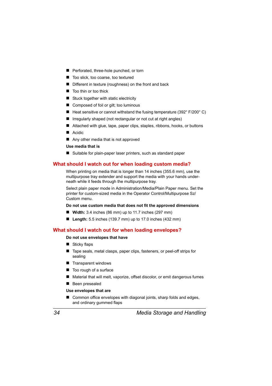 What should i watch out for when loading envelopes, Media storage and handling 34 | Konica Minolta PAGEPRO 9100 User Manual | Page 40 / 178