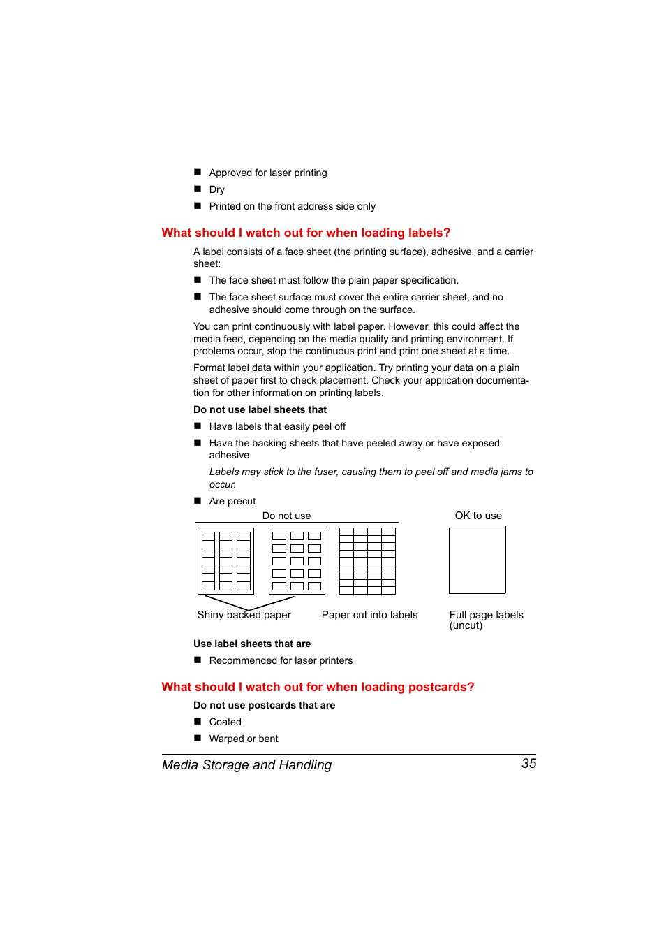 What should i watch out for when loading labels, What should i watch out for when loading postcards, Media storage and handling 35 | Konica Minolta PAGEPRO 9100 User Manual | Page 41 / 178