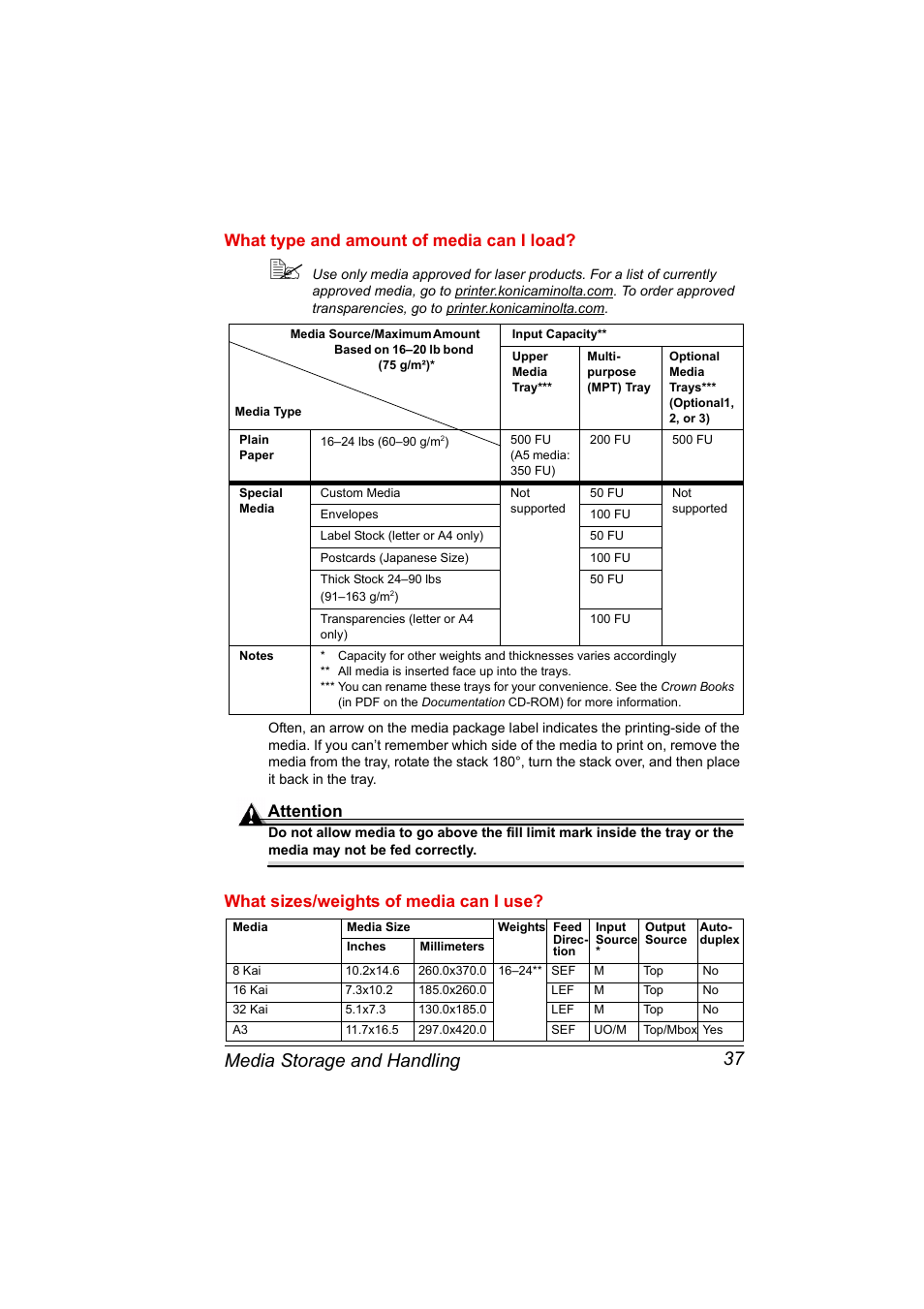 What type and amount of media can i load, What sizes/weights of media can i use, Media storage and handling 37 | Attention | Konica Minolta PAGEPRO 9100 User Manual | Page 43 / 178