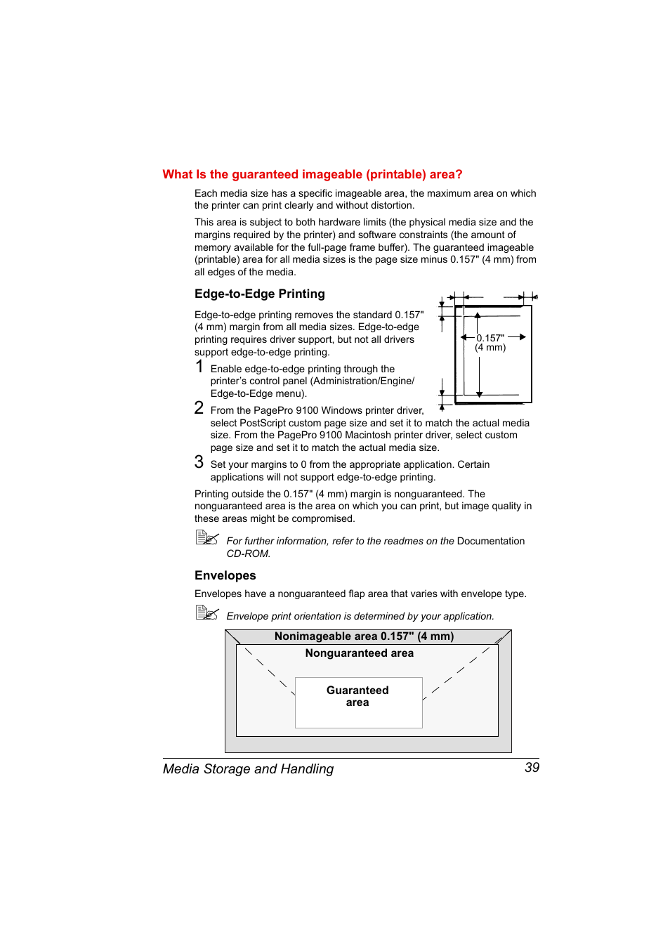What is the guaranteed imageable (printable) area, Edge-to-edge printing, Envelopes | Konica Minolta PAGEPRO 9100 User Manual | Page 45 / 178