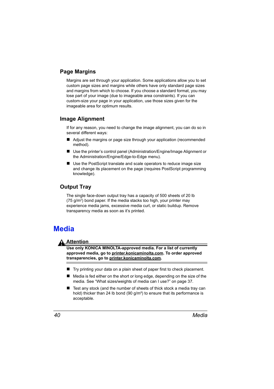 Image alignment, Output tray, Media | Media 40 | Konica Minolta PAGEPRO 9100 User Manual | Page 46 / 178