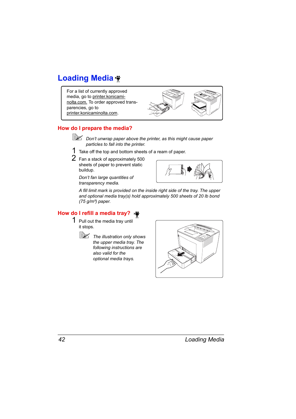 Loading media, How do i prepare the media, How do i refill a media tray | 1 pull out the media tray until it stops, Loading media 42 | Konica Minolta PAGEPRO 9100 User Manual | Page 48 / 178