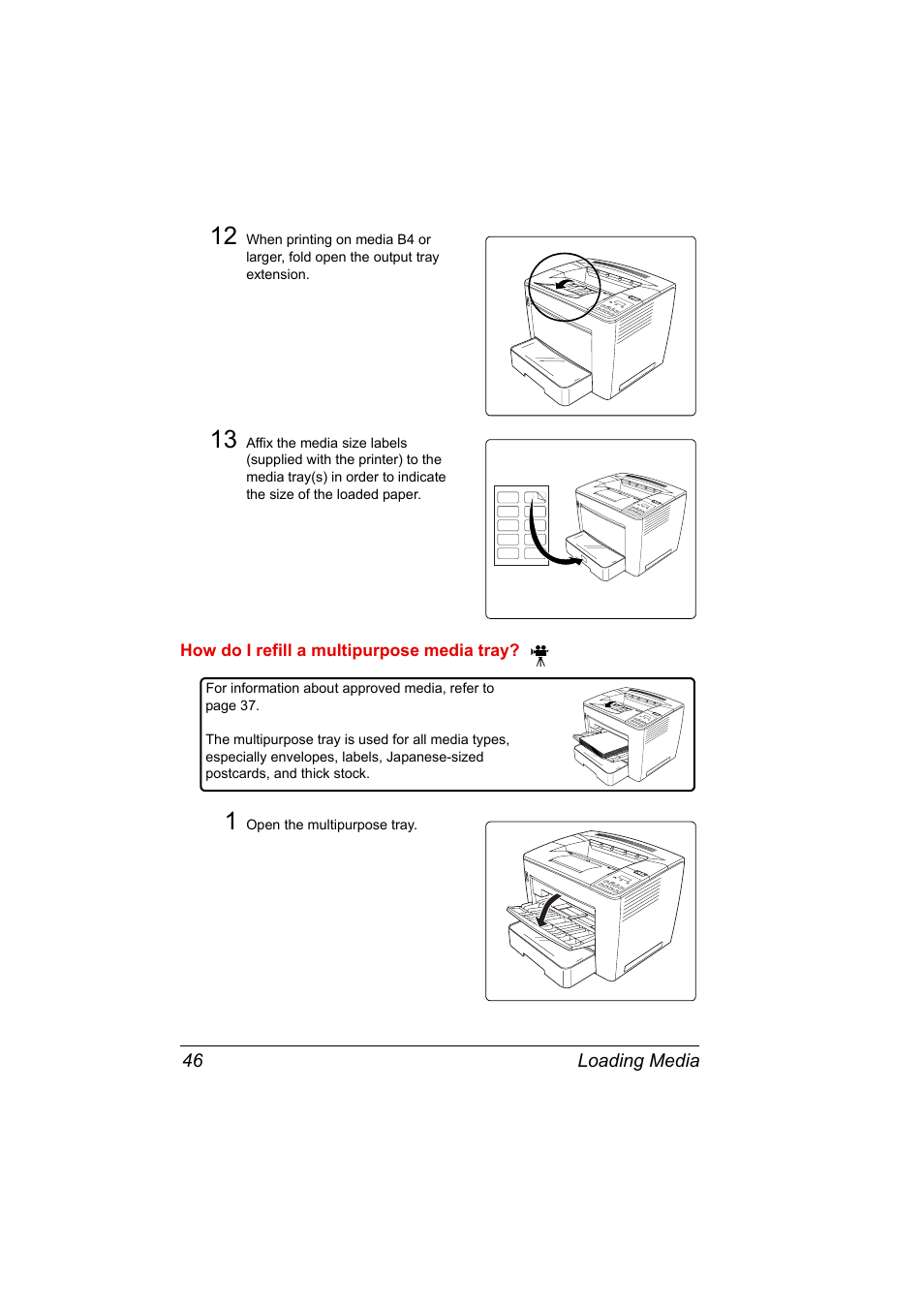 How do i refill a multipurpose media tray, 1 open the multipurpose tray, Loading media 46 | Konica Minolta PAGEPRO 9100 User Manual | Page 52 / 178