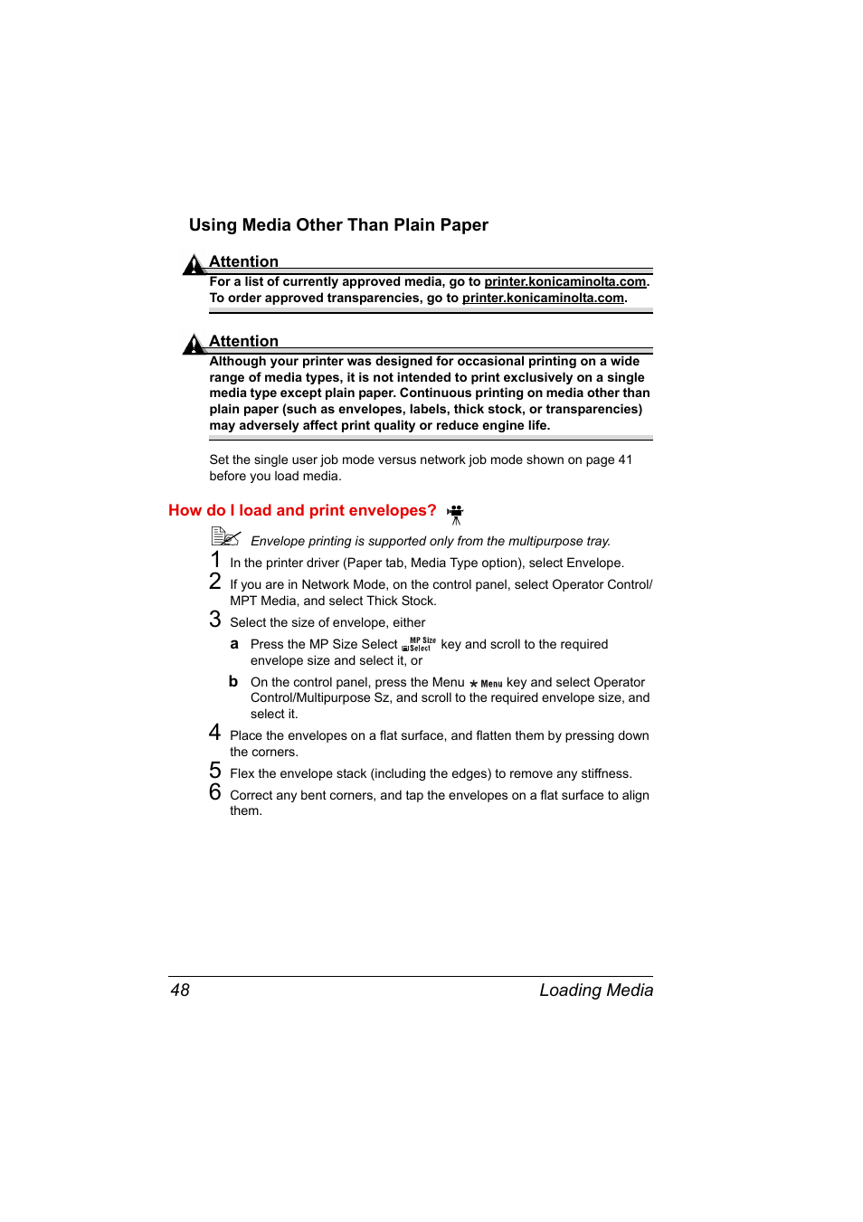 Using media other than plain paper, How do i load and print envelopes, 3 select the size of envelope, either | Using media other than plain paper 48 | Konica Minolta PAGEPRO 9100 User Manual | Page 54 / 178