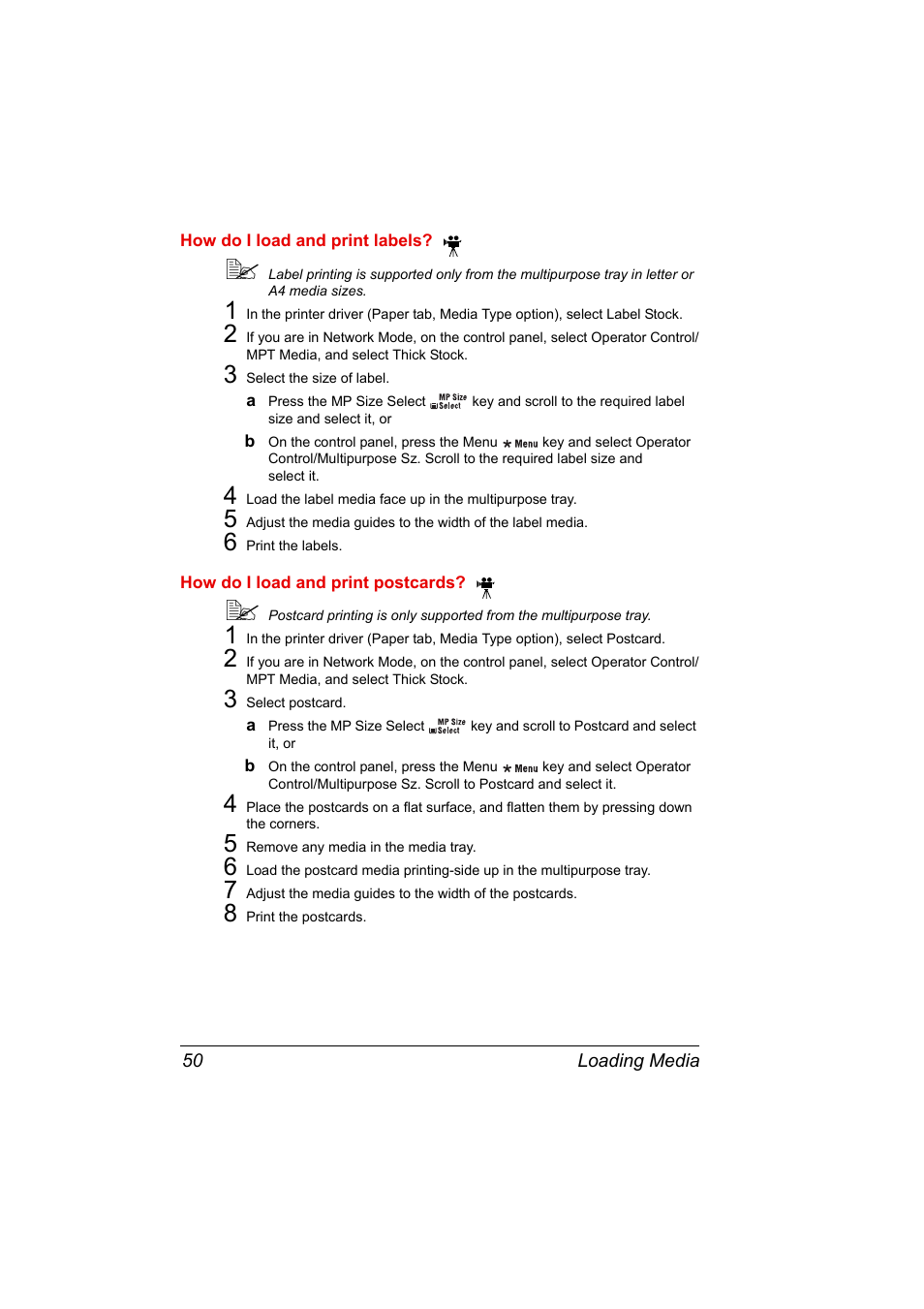 How do i load and print labels, 3 select the size of label, 6 print the labels | How do i load and print postcards, 3 select postcard, 5 remove any media in the media tray, 8 print the postcards | Konica Minolta PAGEPRO 9100 User Manual | Page 56 / 178