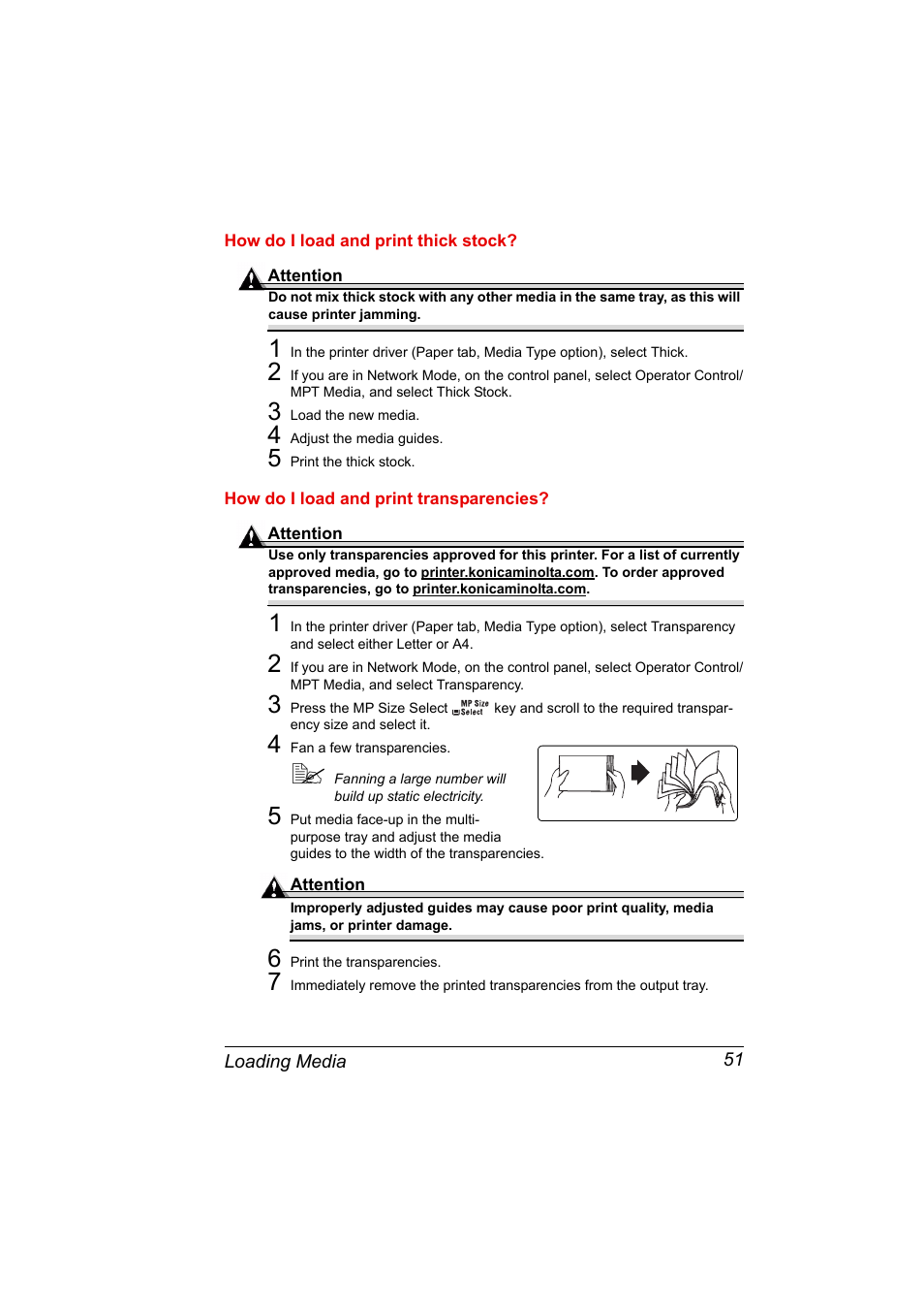 How do i load and print thick stock, 3 load the new media, 4 adjust the media guides | 5 print the thick stock, How do i load and print transparencies, 4 fan a few transparencies, 6 print the transparencies | Konica Minolta PAGEPRO 9100 User Manual | Page 57 / 178