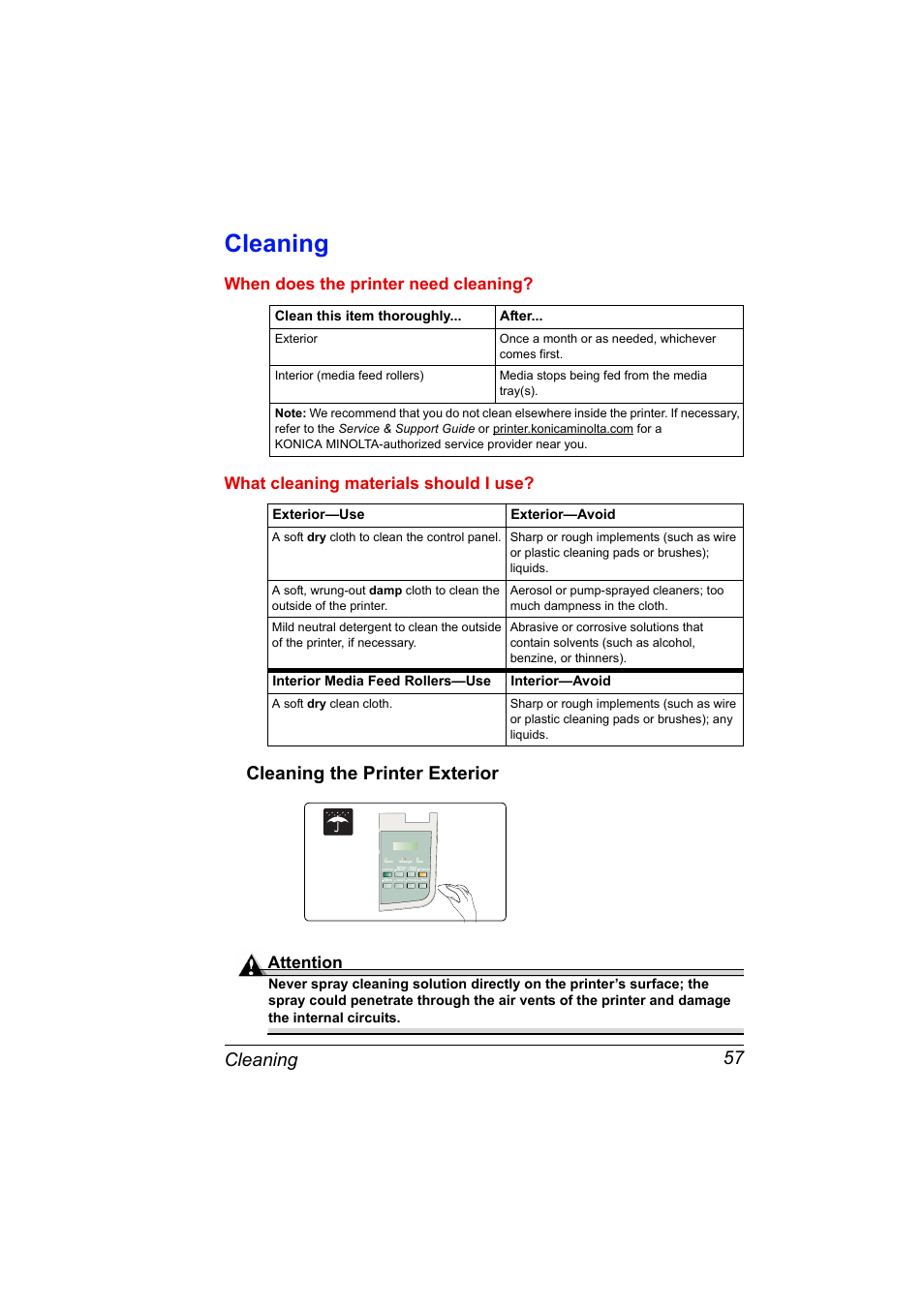 Cleaning, When does the printer need cleaning, What cleaning materials should i use | Cleaning the printer exterior, Cleaning 57, Cleaning the printer exterior 57, Attention | Konica Minolta PAGEPRO 9100 User Manual | Page 63 / 178