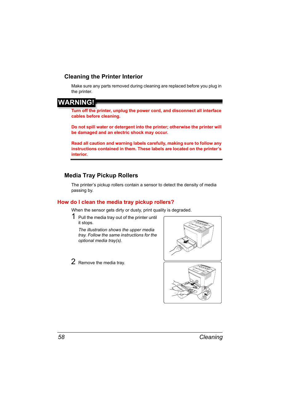 Cleaning the printer interior, Media tray pickup rollers, How do i clean the media tray pickup rollers | 2 remove the media tray, Warning | Konica Minolta PAGEPRO 9100 User Manual | Page 64 / 178