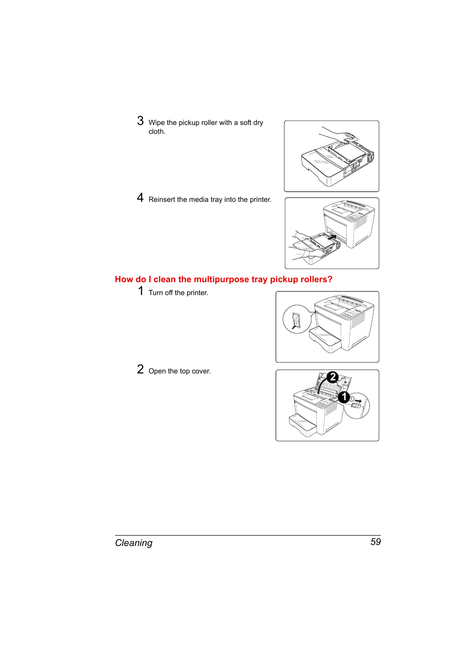 3 wipe the pickup roller with a soft dry cloth, 4 reinsert the media tray into the printer, 1 turn off the printer | 2 open the top cover | Konica Minolta PAGEPRO 9100 User Manual | Page 65 / 178