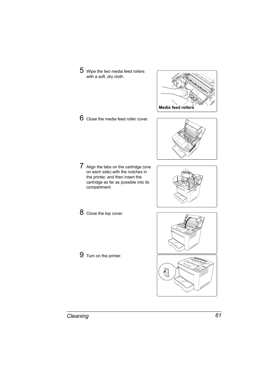 6 close the media feed roller cover, 8 close the top cover, 9 turn on the printer | Konica Minolta PAGEPRO 9100 User Manual | Page 67 / 178