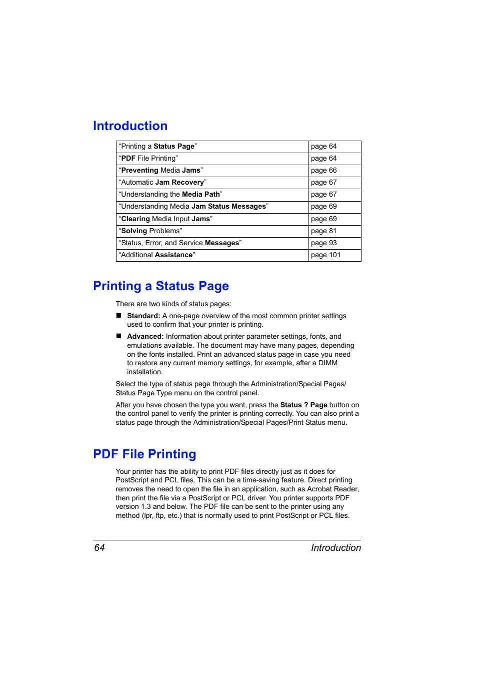 Introduction, Pdf file printing, Preventing media jams | Automatic jam recovery, Understanding the media path, Understanding media jam status messages, Clearing media input jams, Solving problems, Status, error, and service messages, Additional assistance | Konica Minolta PAGEPRO 9100 User Manual | Page 70 / 178