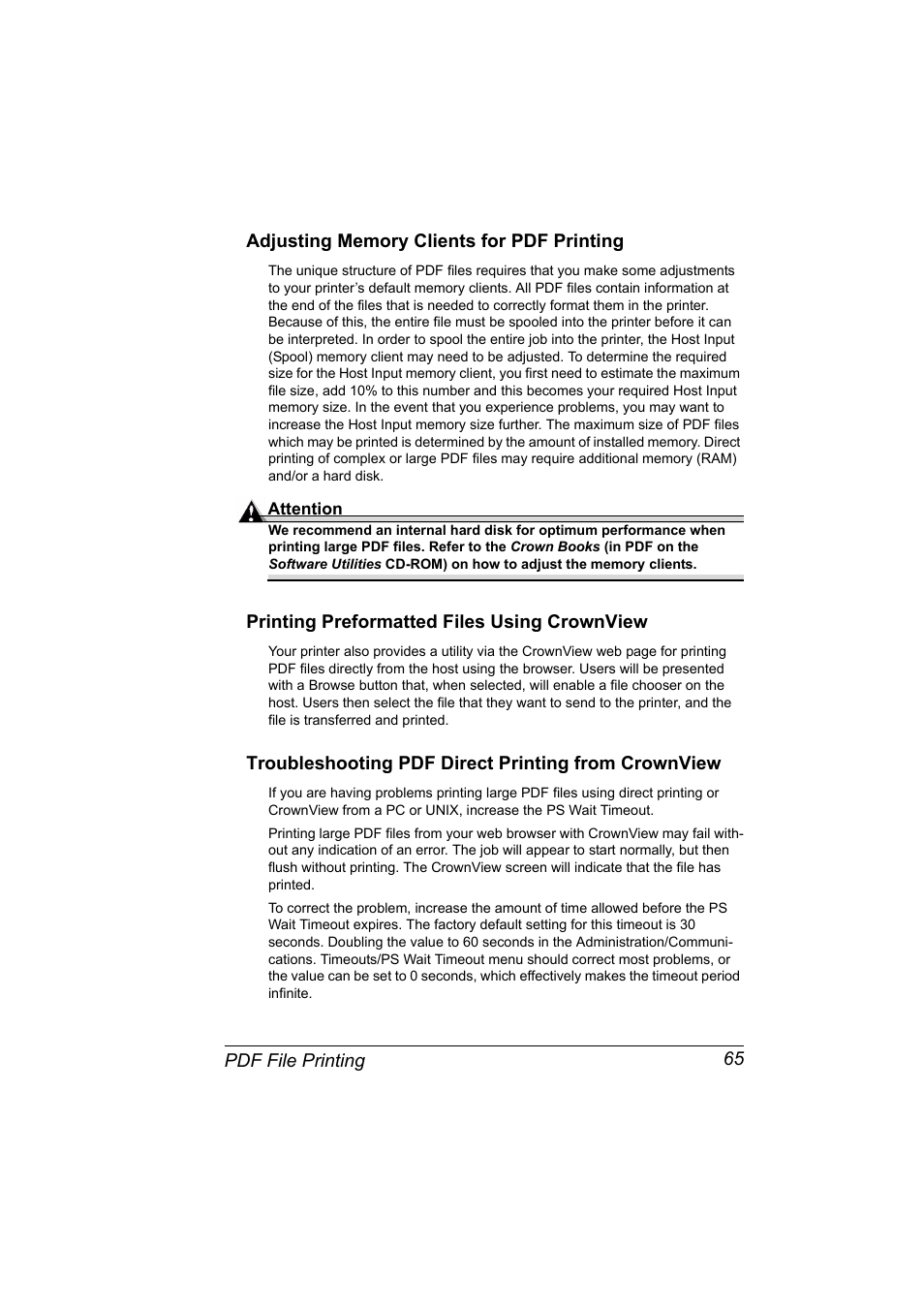 Adjusting memory clients for pdf printing, Printing preformatted files using crownview, Troubleshooting pdf direct printing from crownview | Konica Minolta PAGEPRO 9100 User Manual | Page 71 / 178