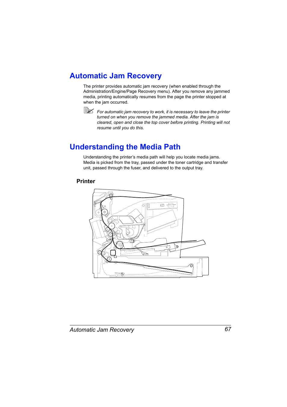 Automatic jam recovery, Understanding the media path, Printer | Printer 67 | Konica Minolta PAGEPRO 9100 User Manual | Page 73 / 178