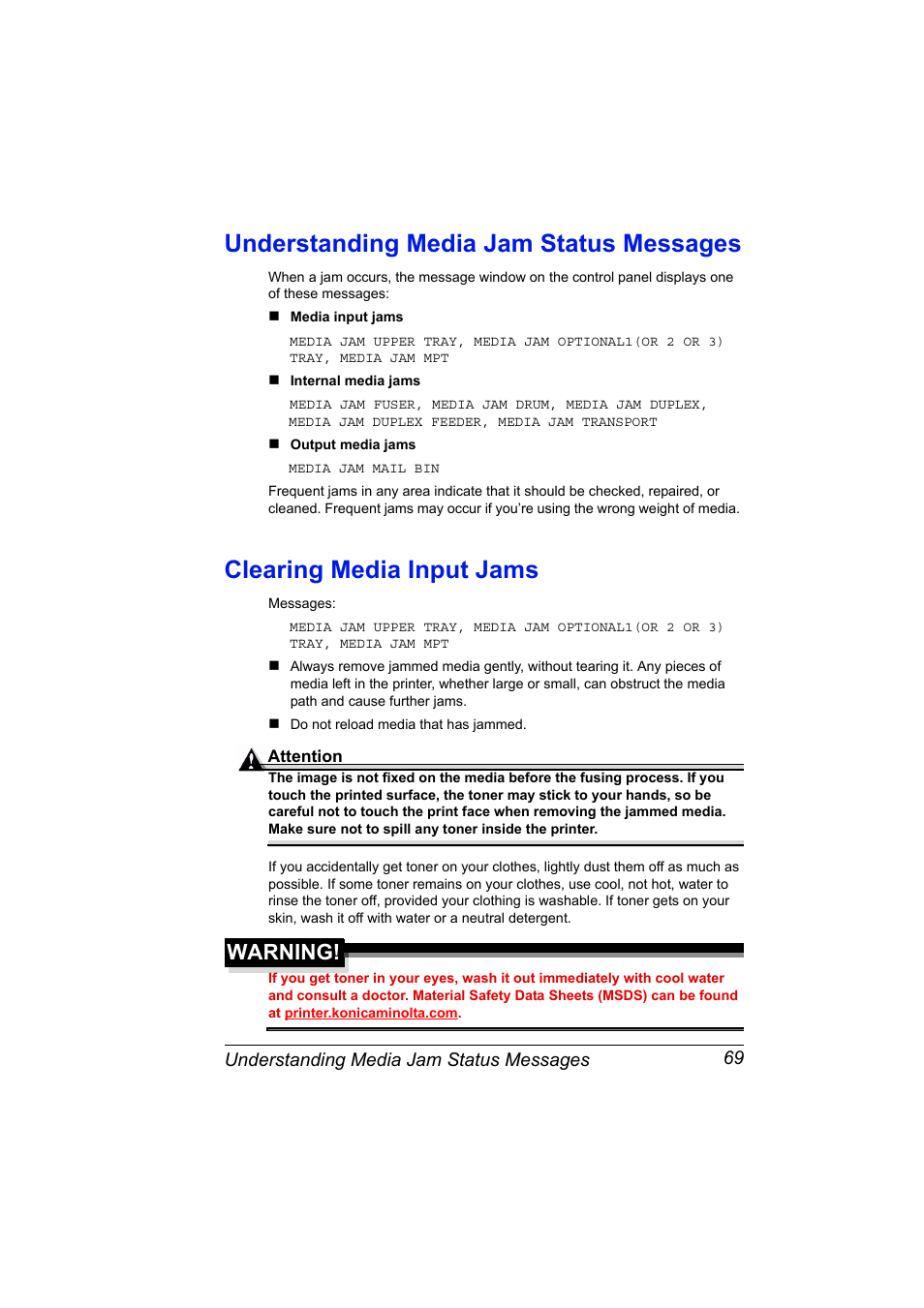 Understanding media jam status messages, Clearing media input jams, Warning | Konica Minolta PAGEPRO 9100 User Manual | Page 75 / 178