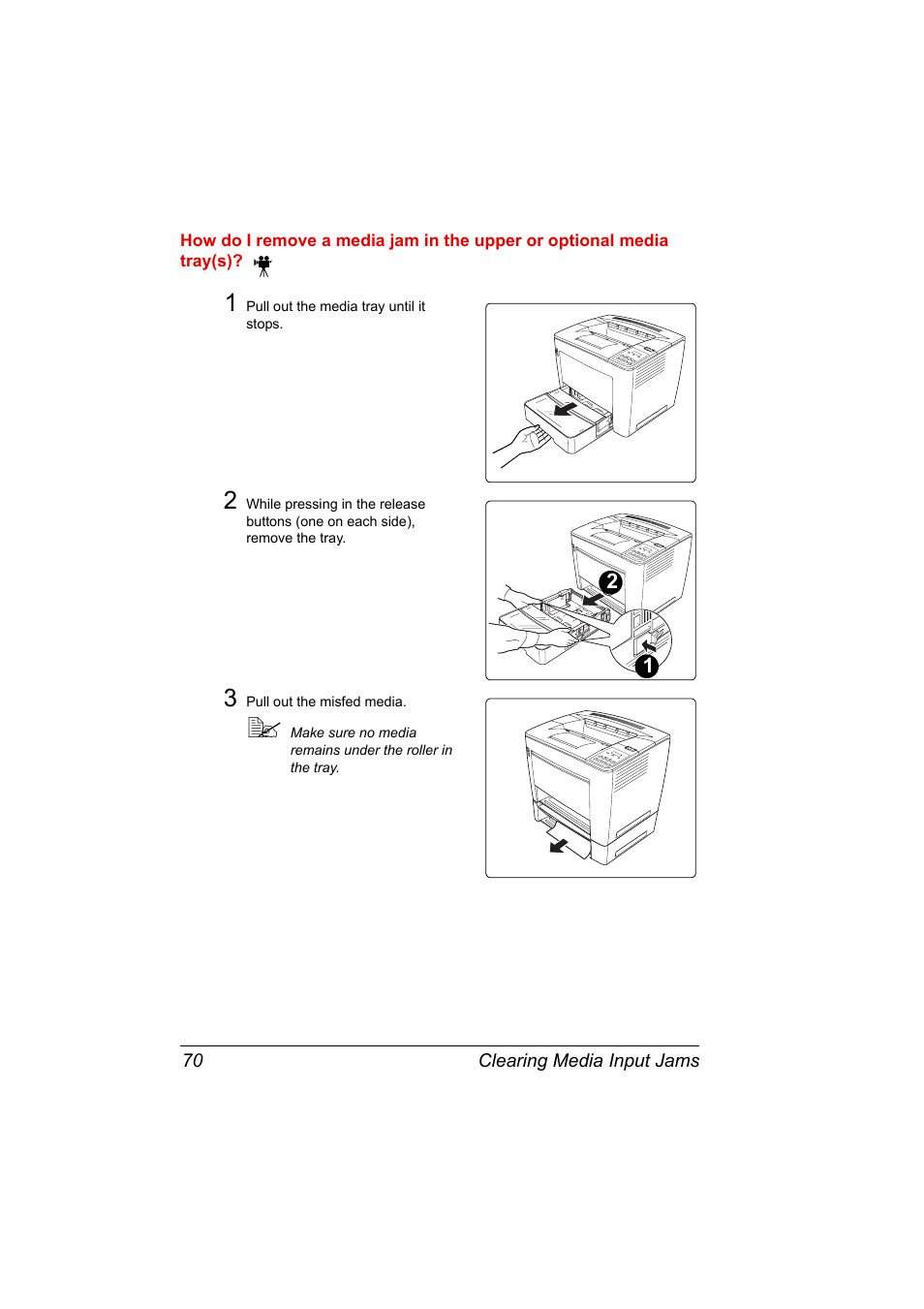 1 pull out the media tray until it stops, 3 pull out the misfed media | Konica Minolta PAGEPRO 9100 User Manual | Page 76 / 178